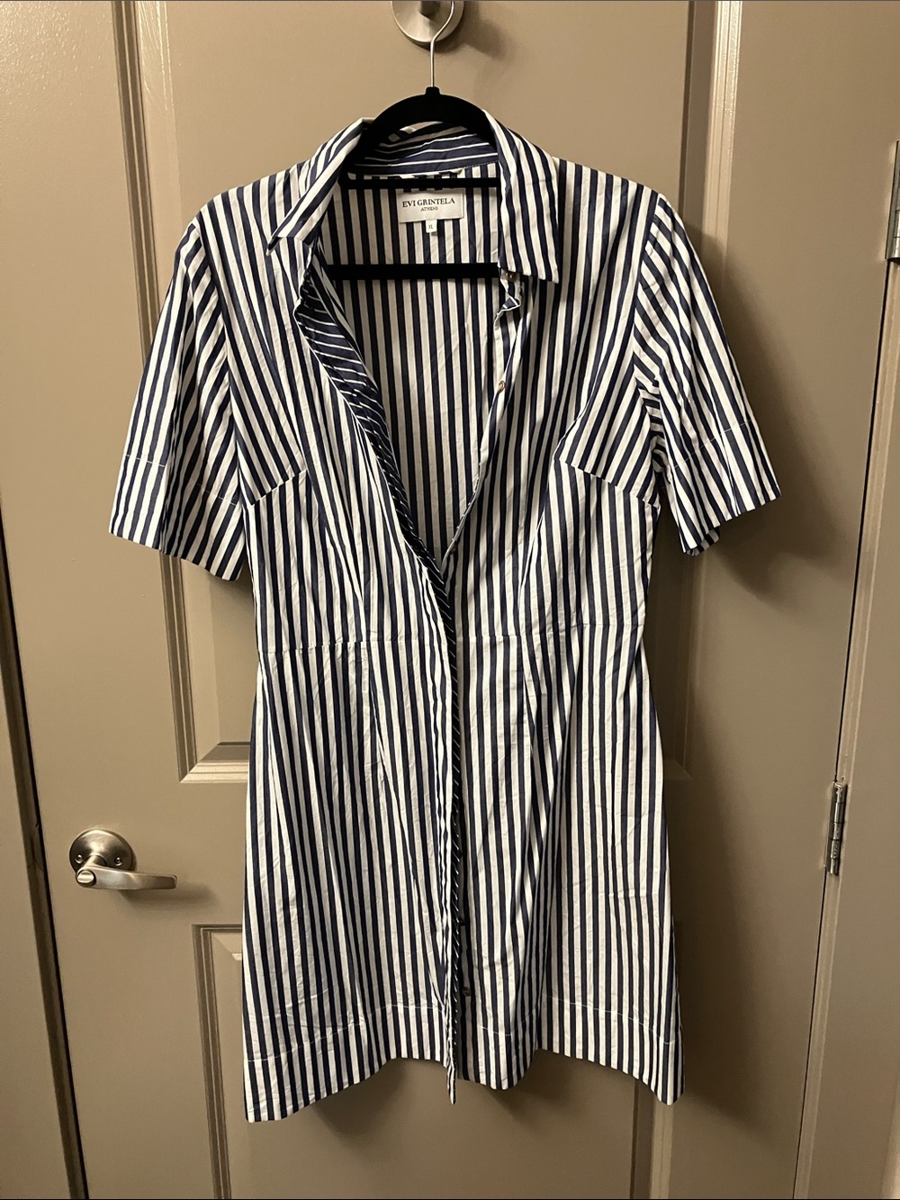 Evi Grintela Navy & White Vertical-Stripe Button-Down Shirt Dress